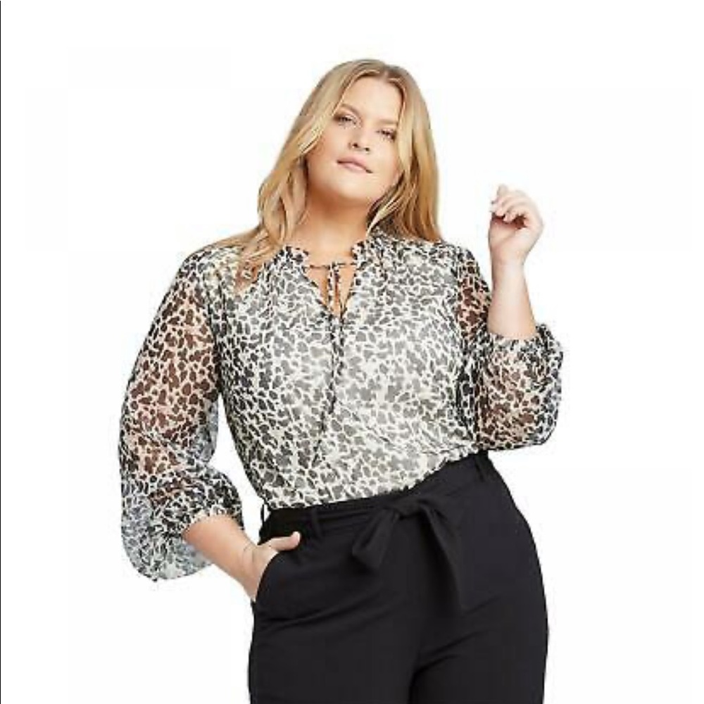 Women's Plus Size Long Sleeve Tie Blouse.